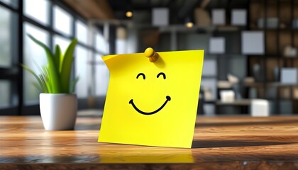 Cheerful yellow sticky note with smiley face radiating positivity in a stylish workspace setting