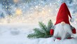 © Bonita - Festive Nordic Christmas Gnome in Red Cap with Fir Branch on Snowy Winter Background Holiday Invitation Card