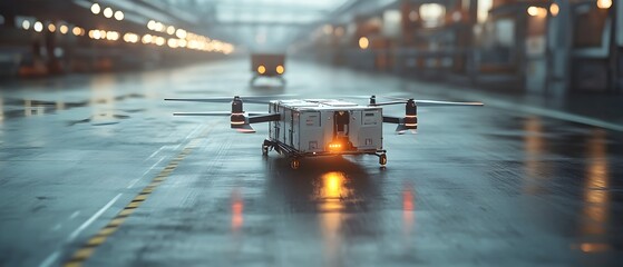 Automated Aerial Cargo Logistics Showcasing the of Automation in Air Cargo Delivery and Management  This image depicts a futuristic technology driven approach to managing and delivering air cargo