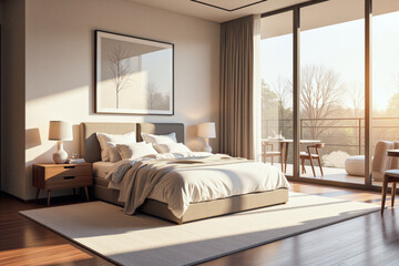 photo of a modern apartment bedroom with designer interior and furniture, luxury interior architecture design idea