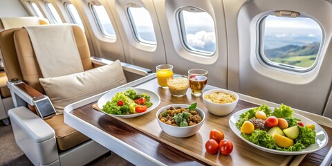 First Class Flight Meal with Salad, Juice and Dessert, airplane ,luxury ,travel