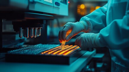 A scientist in a lab coat carefully places a sample into a machine filled with test tubes, exemplifying precision in scientific research.