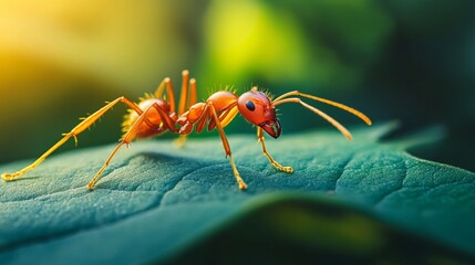 Poster - Close-up of a single ant crawling on a leaf, showcasing its detailed legs, antennae, and body structure against a clean background.