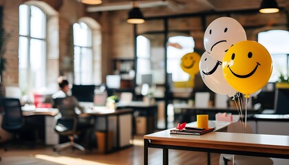 Wall Mural - Cheerful smiley face balloon brightening up a cozy office environment