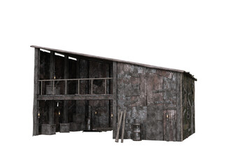 Poster - Post apocalypse wasteland shed built from scrap wood and metal. Isolated 3D illustration.