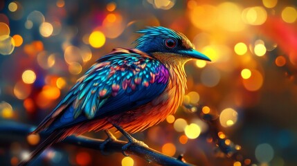 Poster - Close-up of a striking bird with elaborate feather details, perched on a branch, with a background of abstract lights creating a captivating and artistic ambiance.