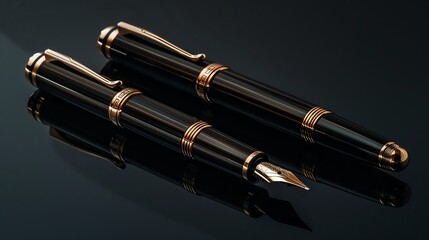 two elegant black pens with gold accents on a black surface.