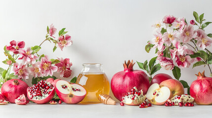 A picture of a pomegranate, apples, honey, and flowers on a white background. This symbolizes the Jewish New Year, Rosh Hashanah. There's plenty of room to add a message. Happy New Year!