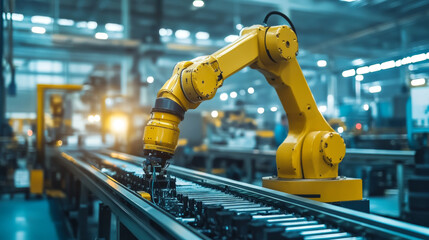 Poster - A robot arm works on a conveyor belt in a factory. This automated system helps build machines efficiently. The image shows the technology used in modern manufacturing.