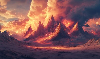 Poster - A Fiery Sunset Over a Mountainous Landscape