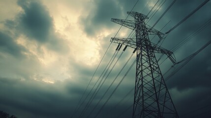 Fototapete - Close-up of a tall transmission tower with power lines, set against a dramatic cloudy sky, showcasing the tower's structure and the power it transmits.