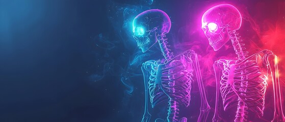 Poster - neon skeletons glowing in the dark with an eerie supernatural light photography concept with copy sp