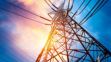 Poster - Close-up of a towering electricity pylon with multiple power lines, emphasizing the robust construction and engineering of the electrical transmission system.