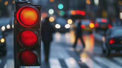 Fototapete - Close-up of a traffic light with a focus on the red signal and the reflective surface of the light, with cars and pedestrians in the background.