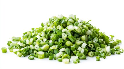 freshly chopped green onions and scallions piled on white background for cooking and salads | png cu