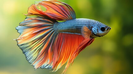 Poster - Close-up of a vibrant Betta fish with flowing fins and bright colors, swimming gracefully in a clear, well-lit aquarium with a natural background.