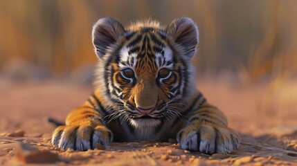 A close-up of a playful tiger cub resting on the ground, showcasing its striking fur and expressive eyes.