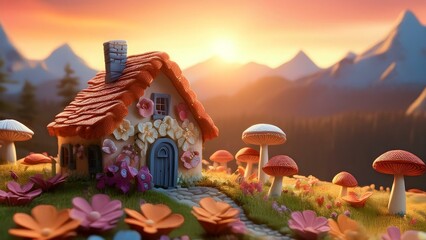 house flower petal mushroom with sunset mountain copy space