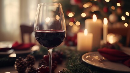Poster - Close-up of a wine glass with a perfectly poured glass of red wine, with a backdrop of a festive dinner setting and soft candlelight.