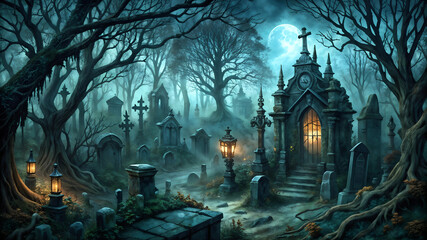 Atmospheric graveyard with ornate tombstones bathed in golden light amidst eerie fog