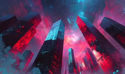 Poster - A Futuristic Cityscape Under a Pink and Blue Starry Sky