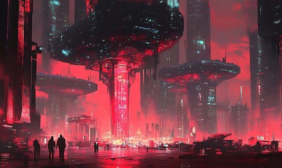 Poster - Futuristic Cityscape with Red Glow and Silhouettes