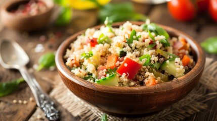 A bowl of quinoa with peppers and cucumber.