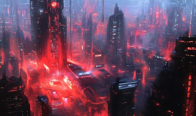 Wall Mural - A Futuristic Cityscape with Glowing Red Lights and Fog