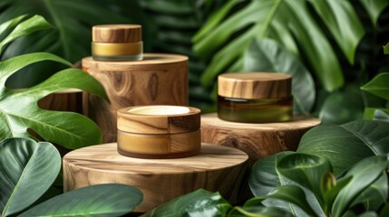 Sticker - Wooden podiums with natural cosmetics presentation, surrounded by green leaves.