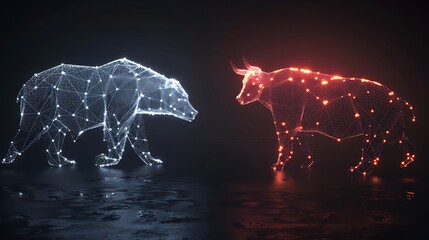 Two stylized animals, a bear and a bull, represented in a digital, geometric design, symbolizing market trends.