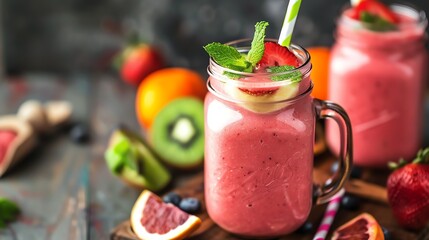 Wall Mural - A mason jar filled with pink smoothie, topped with a strawberry and a mint leaf.