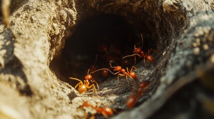 Poster - Close-up of an ant nest with several ants emerging, focusing on the entrance and the busy activity of the ants as they move in and out.