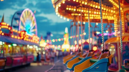 defocused image Bright Carnival Swing Ride with Colorful Seats in Motion