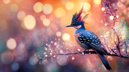 Poster - Close-up of an elegant bird with striking feathers, perched on a branch, with a dazzling background of abstract lights creating a vibrant and artistic effect.