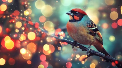 Poster - Close-up of an elegant bird with striking feathers, perched on a branch, with a dazzling background of abstract lights creating a vibrant and artistic effect.