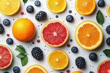 Wall Mural - bold minimalist summer fruit pattern geometric shapes in vibrant colors on white background playful and modern design