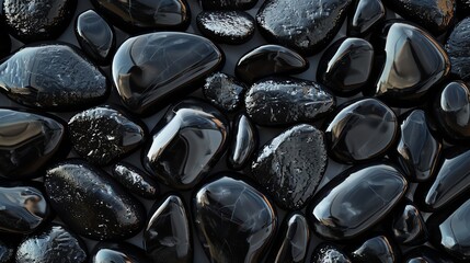 A collection of black, smooth stones.