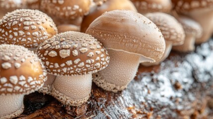 Poster - Close-up of shiitake mushrooms growing on a log or substrate, highlighting their natural growing environment and the texture of their caps and stems.