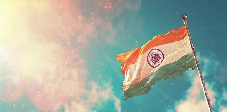 create an indian flag background with blue sky background