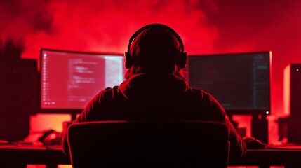 Poster - Hacker in a hood coding in a dark room with red lighting and dual screens. Cybersecurity and data protection concept.