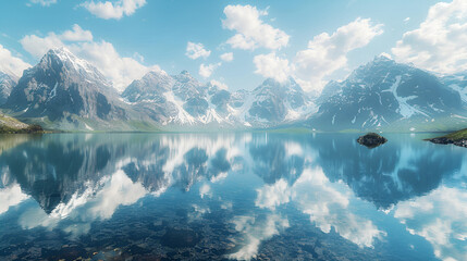 Alpine Majesty Reflected: A pristine glacial lake mirrors the towering peaks and cerulean sky of a breathtaking mountain range, creating a serene scene of natural wonder. 