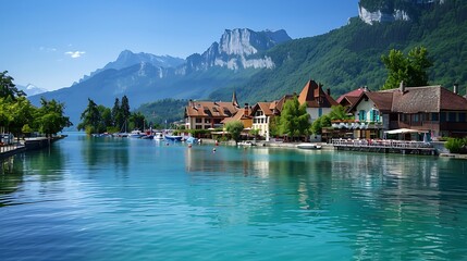 A serene lakeside view with charming buildings and mountains in the background.