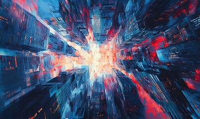 Wall Mural - Abstract Cityscape with Red and Blue Hues