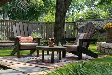 Adirondack chair and side table set with colorful cushions and picnic blanket on lawn, surrounded by trees and stone wall.