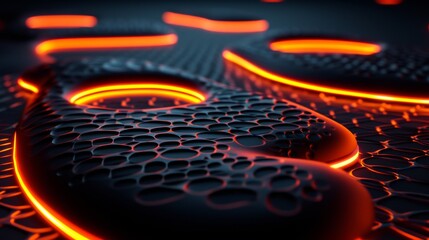 Fototapete - A striking digital rendering of abstract, glowing shapes resting on a dark, textured surface. The intense neon glow contrasts sharply with the deep shadows, creating a futuristic and dynamic visual