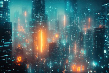 Futuristic Cityscape with Illuminated Towers and Fog