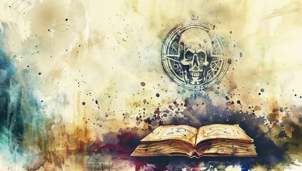 Wall Mural - Mystical abstract watercolor with moon, books, and cosmic symbols