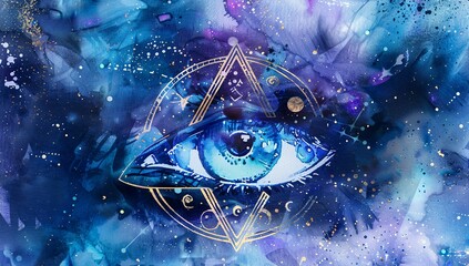 Wall Mural - Vibrant abstract watercolor with cosmic eye and triangle in blue tones