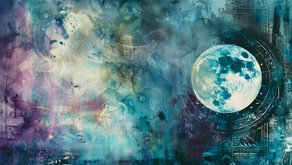 Wall Mural - Abstract watercolor with moon and cosmic background in blue tones