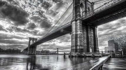 Wall Mural - A monochrome view of a bridge with dramatic clouds and reflections in the water, capturing urban architecture.